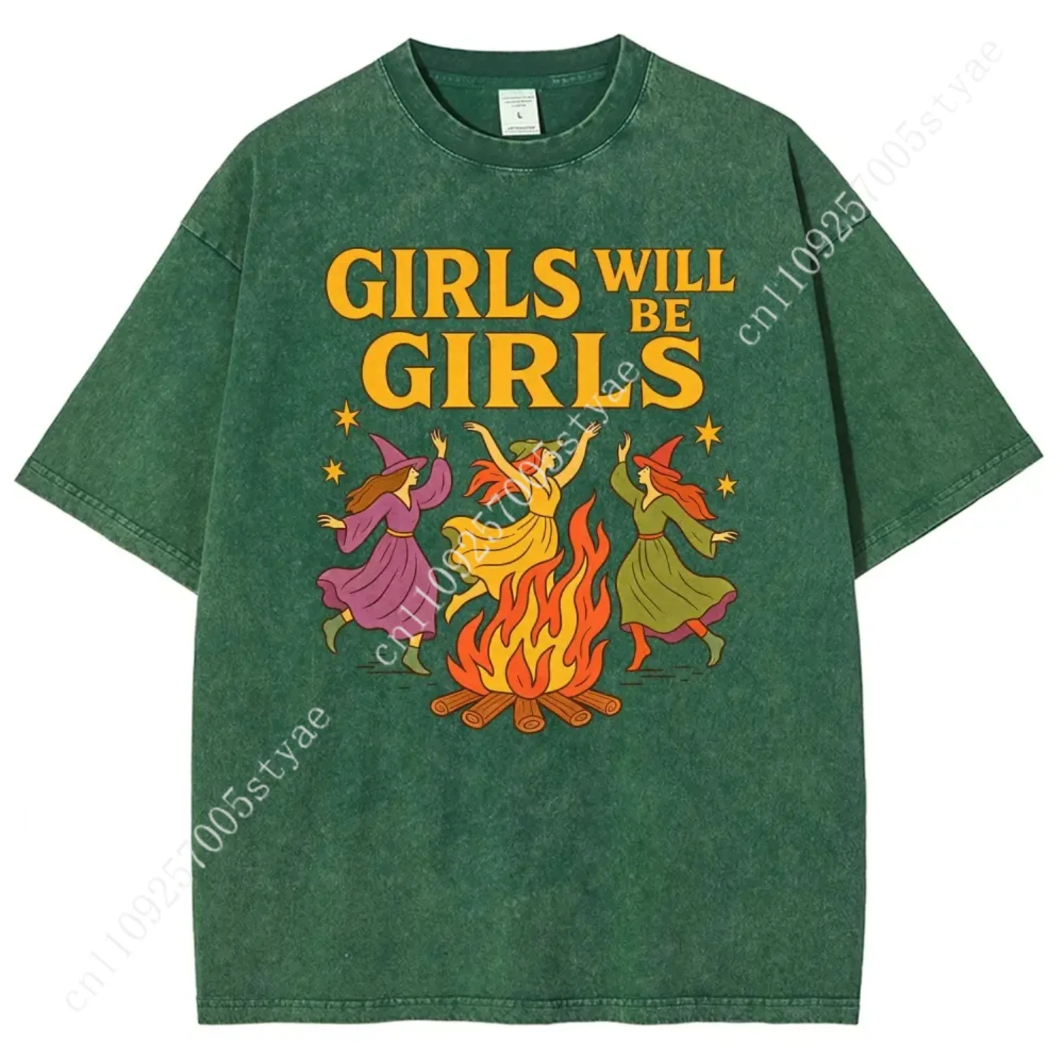 Girls Will Be Girls Retro Dancing Witch Bonfire T-Shirt, Washed Oversized Tee, Funny Halloween Spooky Season Shirt