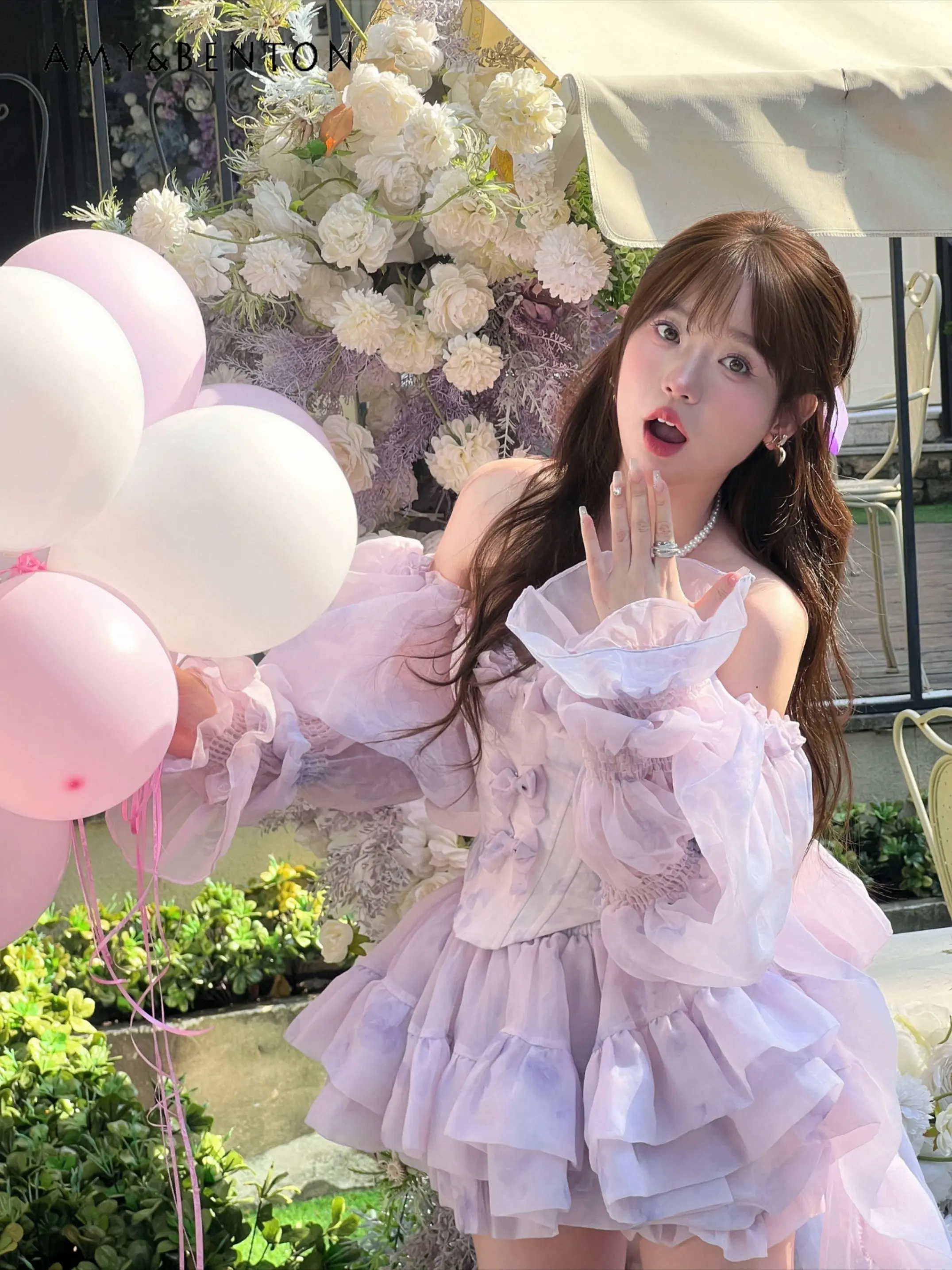 퍼플 보우노트 스트랩리스 탑 하이웨이스트 레이어드 롱 스커트 세트 생일 파티 성인식 데일리 데이트 스커트