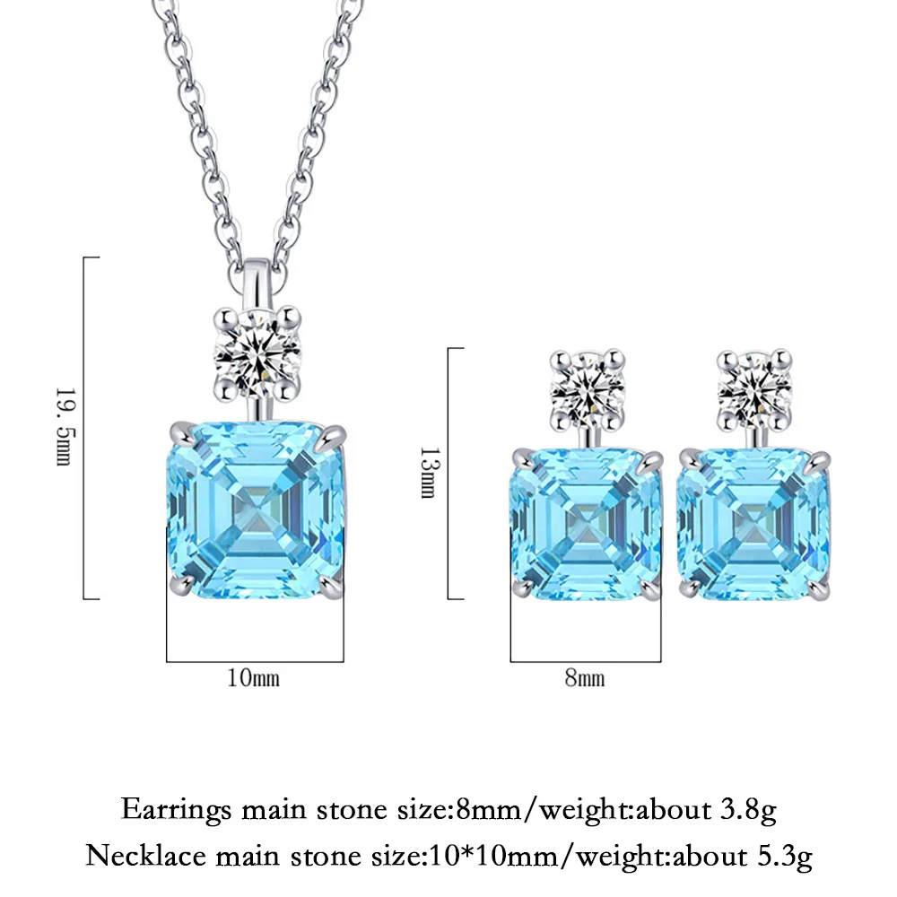 Vintage 100% 925 Sterling Silver 10*10mm Topaz Aquamarine Necklace Pendant Earrings for Women Charms Wedding Fine Jewelry Sets