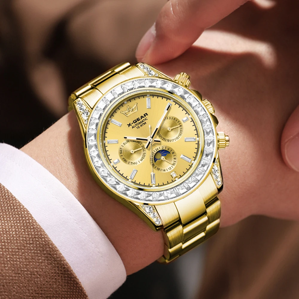 X-GEAR Три глаза Шесть игл Водонепроницаемый календарь Светящиеся механические часы для мужчин Аутентичные часы из нержавеющей стали