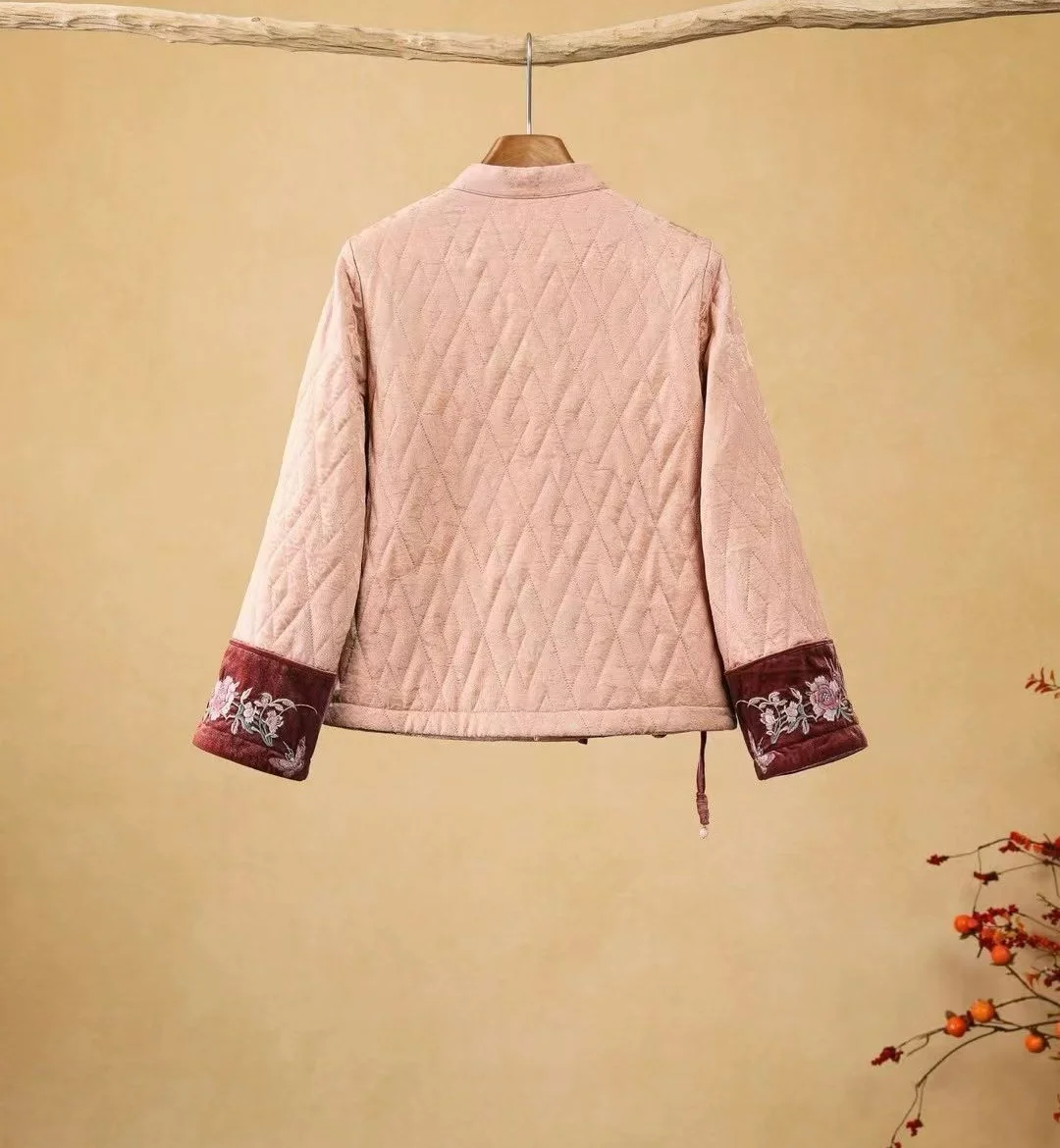 Chinese style winter coats Apricot pink sweet Lightweight padded jackets embroidered short outerwears for women
