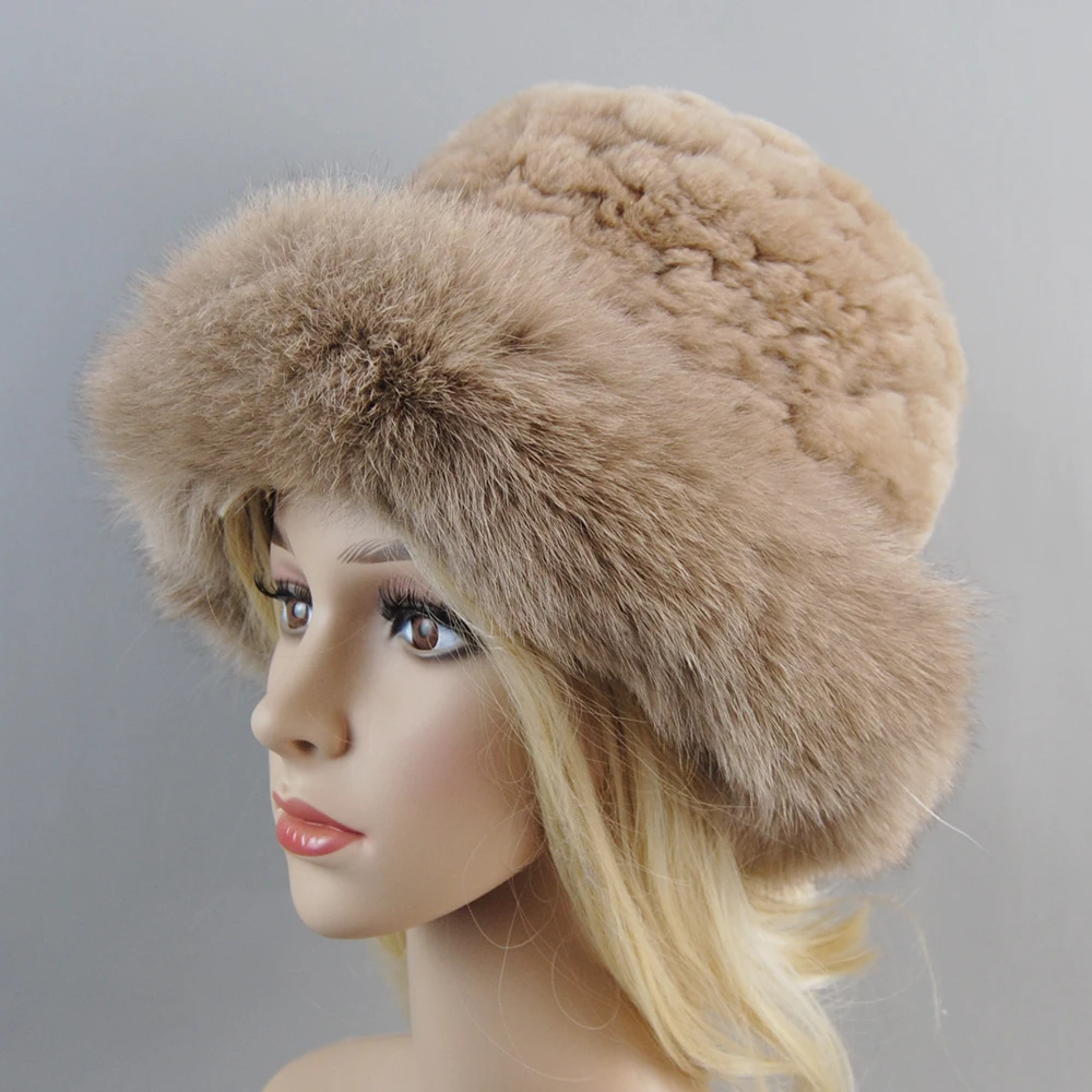 New Style Women Outdoor Winter Warm Natural Fox Fur Hats Lady Knit Fur Cap Female Fashion Knitted Fluffy Real Rex Rabbit Fur Hat