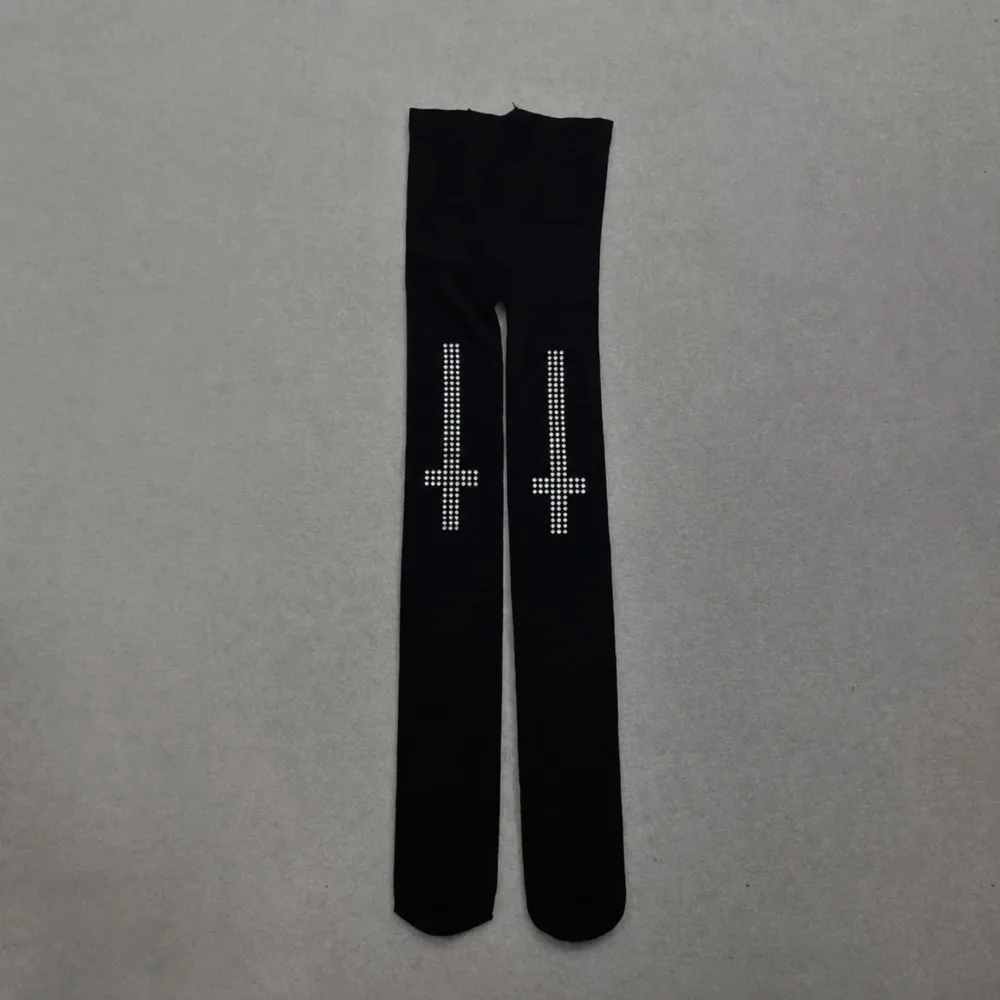 Fashion Punk Black Gothic Tights Breathable Soft Cross Pantyhose Y2K Vintage Rhinestone Stockings Cosplay