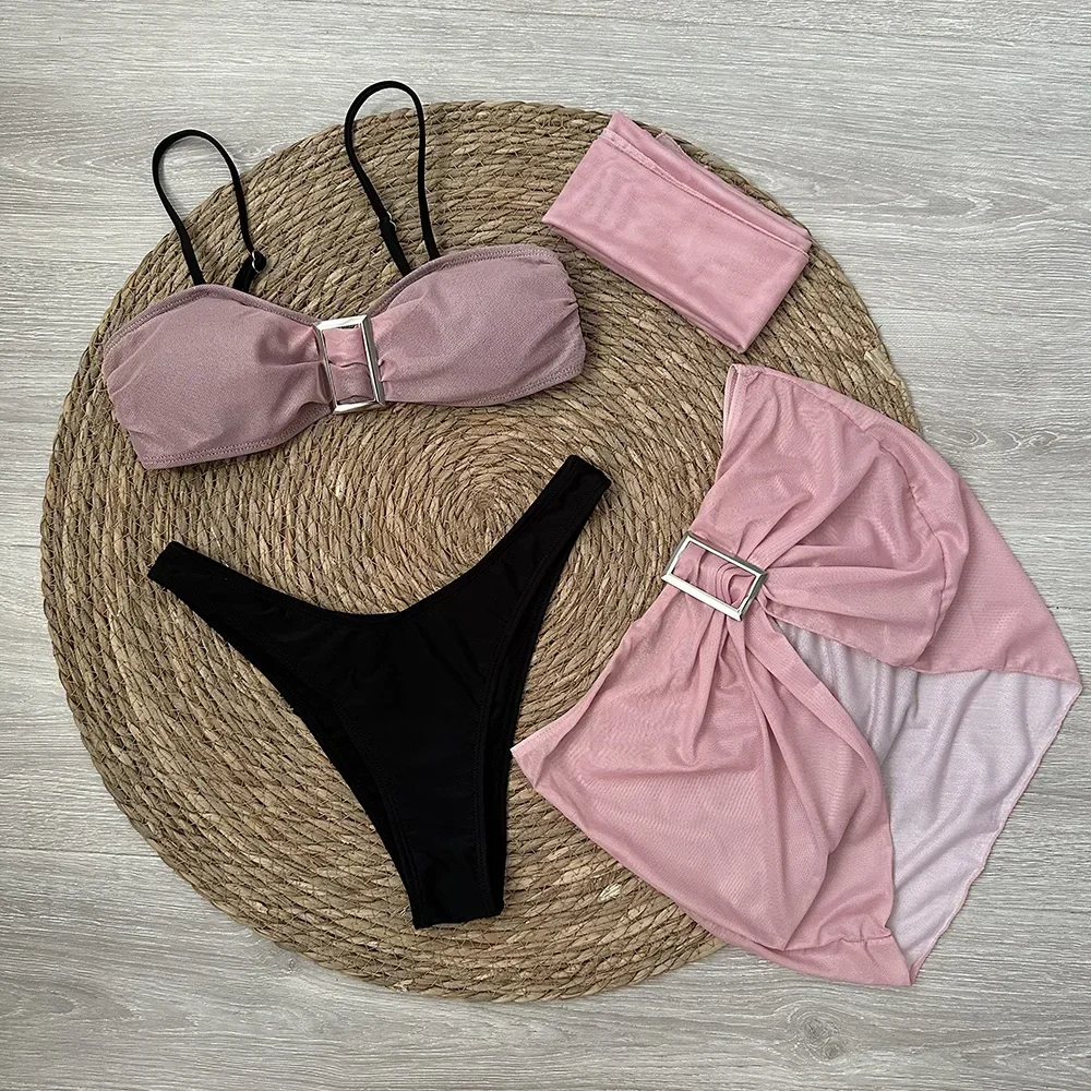 4 piece Bikini Set with Mini Skirt Headscarf Push Up Women Swimsuit 2024 Sexy Swimwear Brazilian Bikinis Thong Biquini Beachwear