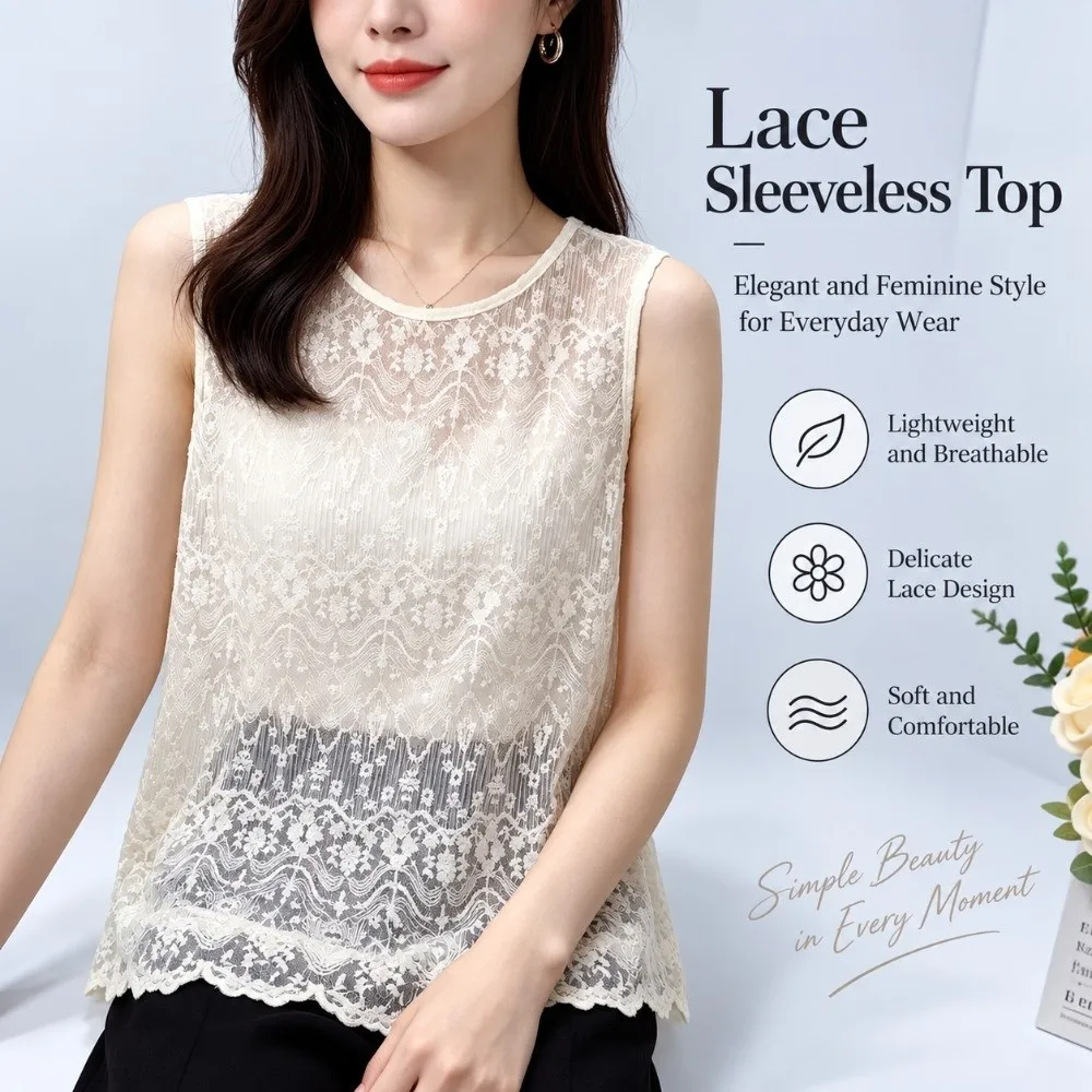 Fashionable Crochet Lace Lace Tank Top Loose Fit U Neck Lace Cover Up Semi Sheer Lace Vest