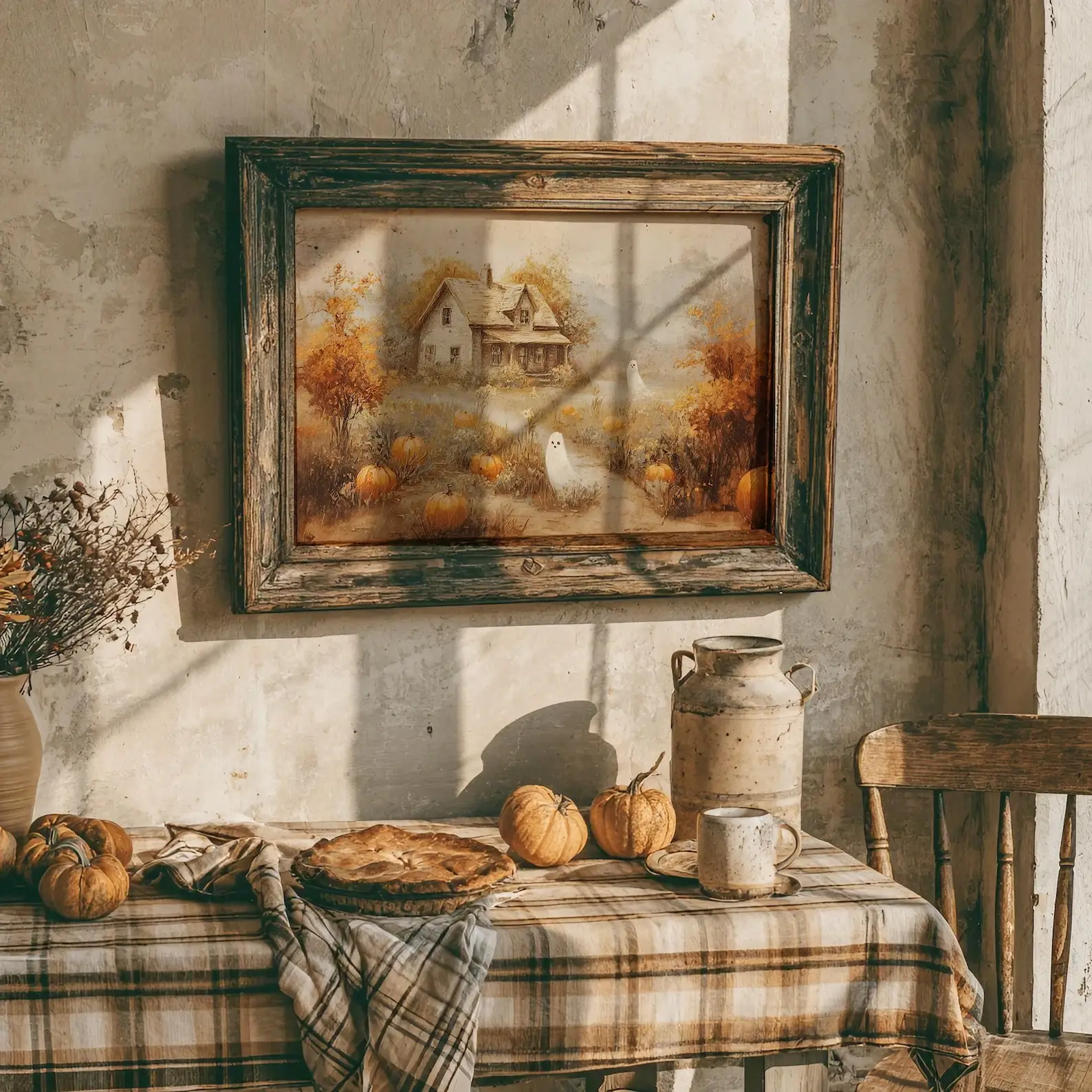 Vintage Fall Ghost Pumpkin Farm Canvas Wall Art, Neutral Cottagecore Halloween Country House Oil Print, Rustic Autumn Bedroom