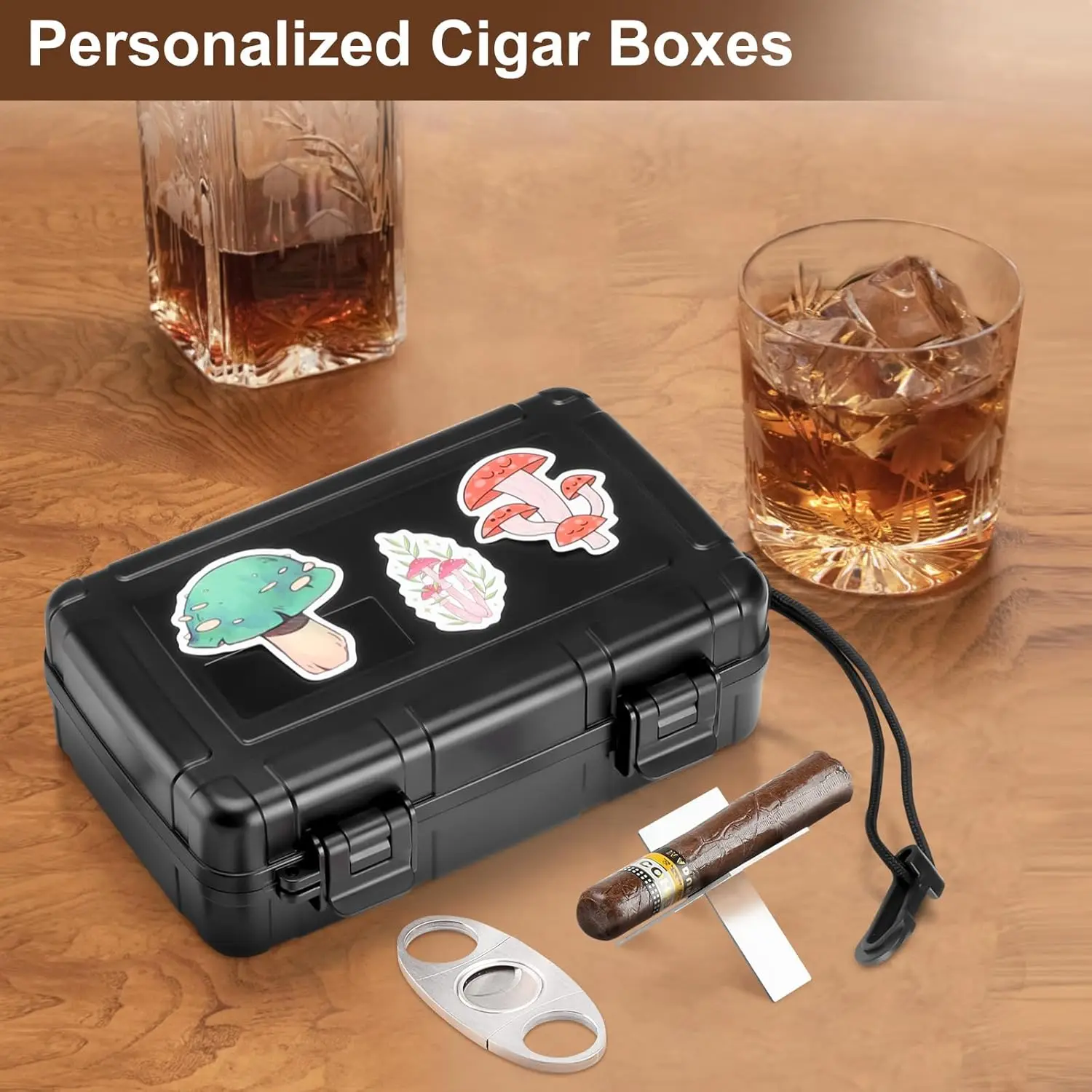 Portable Cigar Humidor Holds 10 Cigars with Cutter, Humidifier, Hygrometer - Travel Cigar Accessories Set for Men view 5