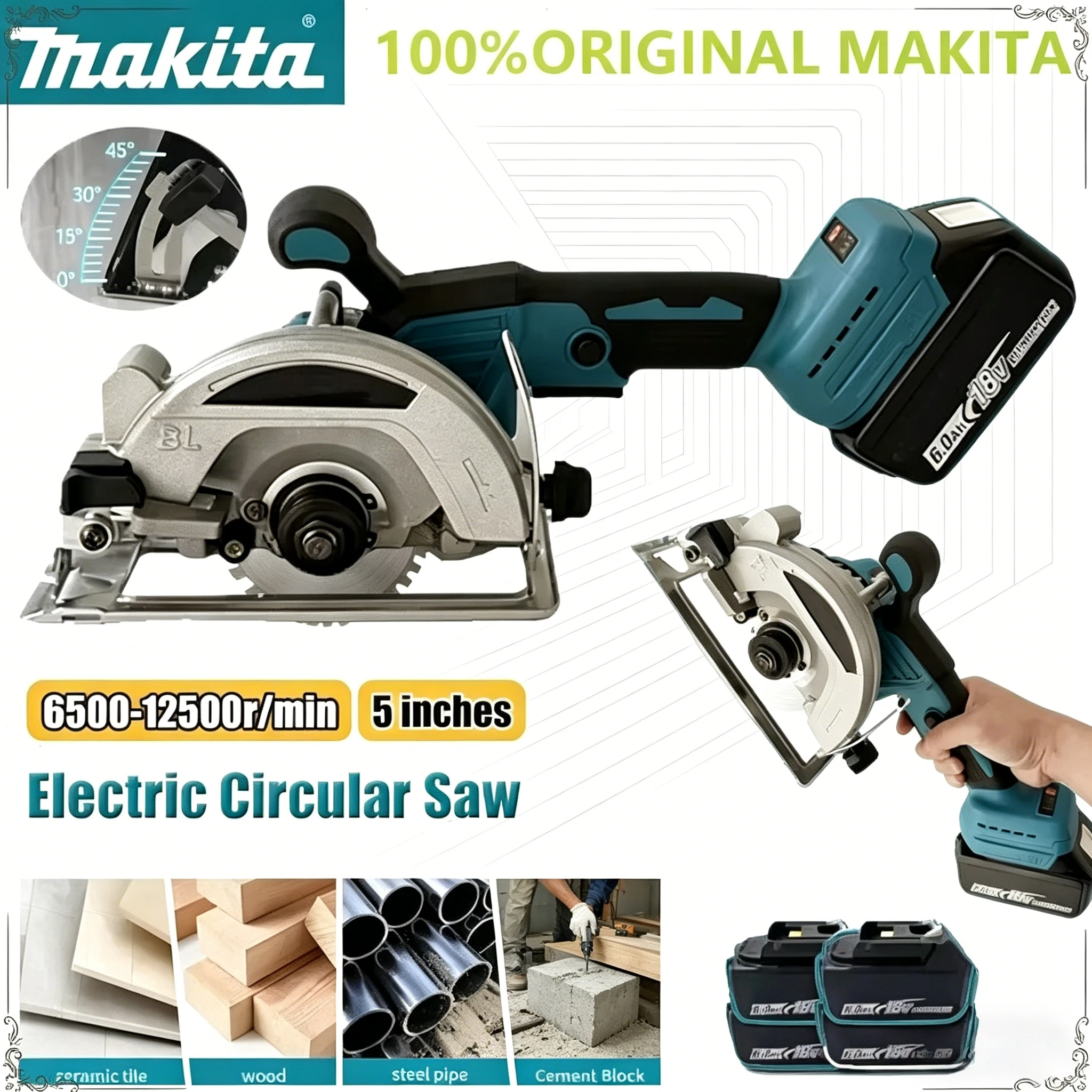 

Аккумуляторная бесщеточная циркулярная пила Makita 5 дюймов, ручная многофункциональная пила для резки дерева и металла, электроинструмент