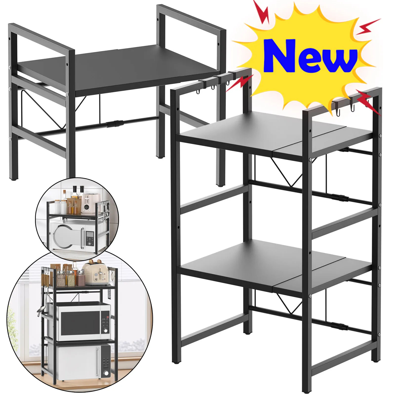 NUOVO! Mensola Espandibile per Microonde, Supporto per Microonde con 6 Ganci, Scaffale per Cucina, Ripiano per Cottura a Microonde, Estensibile 40-60cm