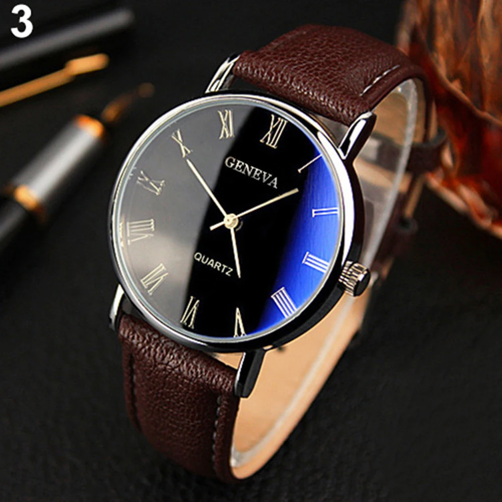 Men Watch Roman Numerals Blu-Ray Faux Leather Band Quartz Analog Business WristWatch 2022