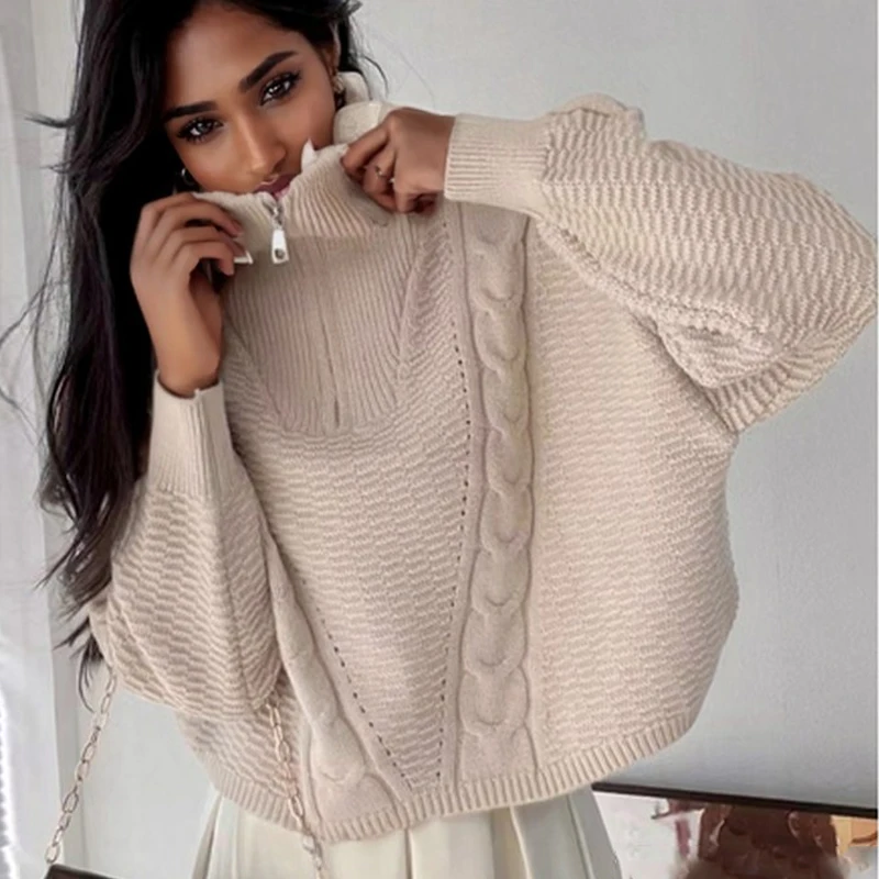 

New Loose Stand Collar Pullover Fashion Sweater Long Sleeve Knitted Solid Color Winter Casual Elegant Knitwear Women Zipper Top