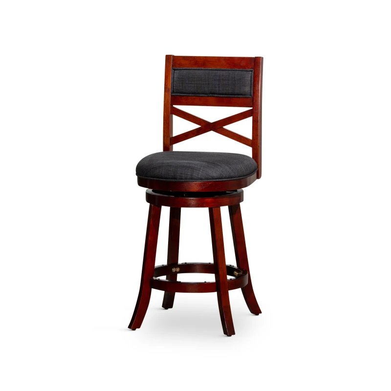 

24" Counter Height X-Back Swivel Stool, Cherry Finish, Charcoal Fabric Seat