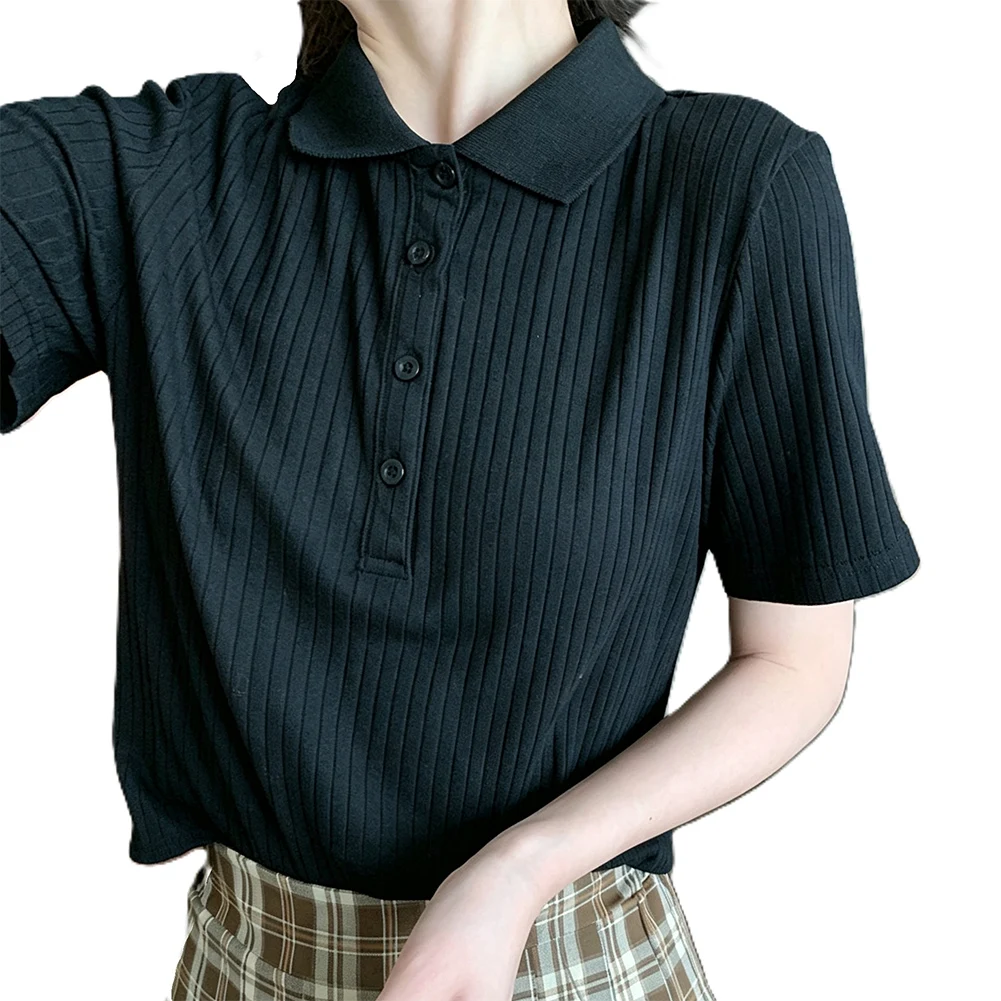 Loose for Fit Solid Color T Shirt for Women Short Sleeve Polyester Lapel Collar Base For Top for Vacation Home and Daily Life
