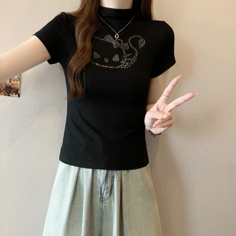40 counts cotton 2024 summer hot diamond short-sleeved T-shirt women's high school stretch