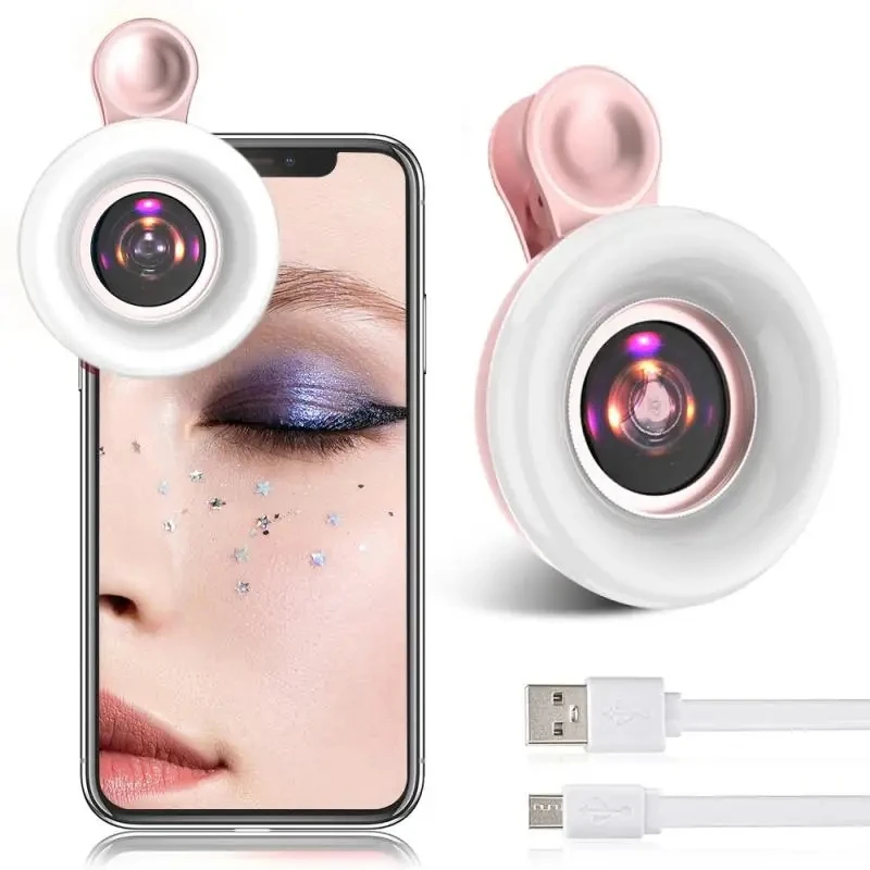 2 IN 1 15X Macro Lens Mobile Phone HD Camera Lens with LED Ring Flash Light Smartphone Selfie Live Lamp Fill Light