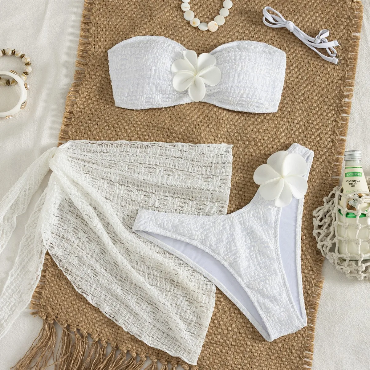 Women white egg flower plain bandeau bikinis sets 3pcs with cover skirt swimsuit bathing suit beach outfits biquini tankini