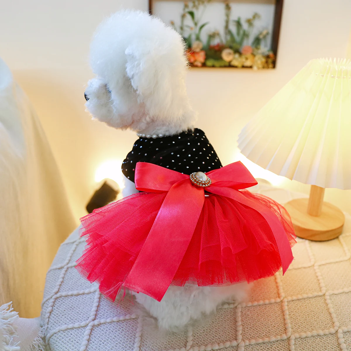 1PC Pet Clothing Cat Spring/Summer Black Bow Red Princess Dress Traction Buckle Suitable for Small and Medium sized Dogs