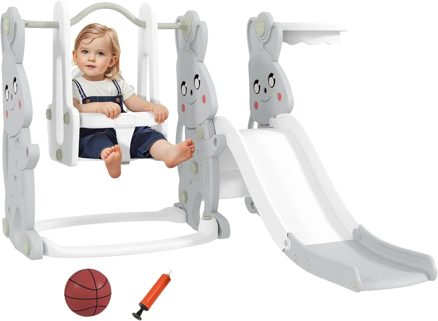 

Игровой комплекс 4-в-1 для малышей: горка и качели, детский игровой набор для возраста 1,5-4 лет, игровая площадка с горкой в виде кролика, скалодромом и баскетбольным кольцом