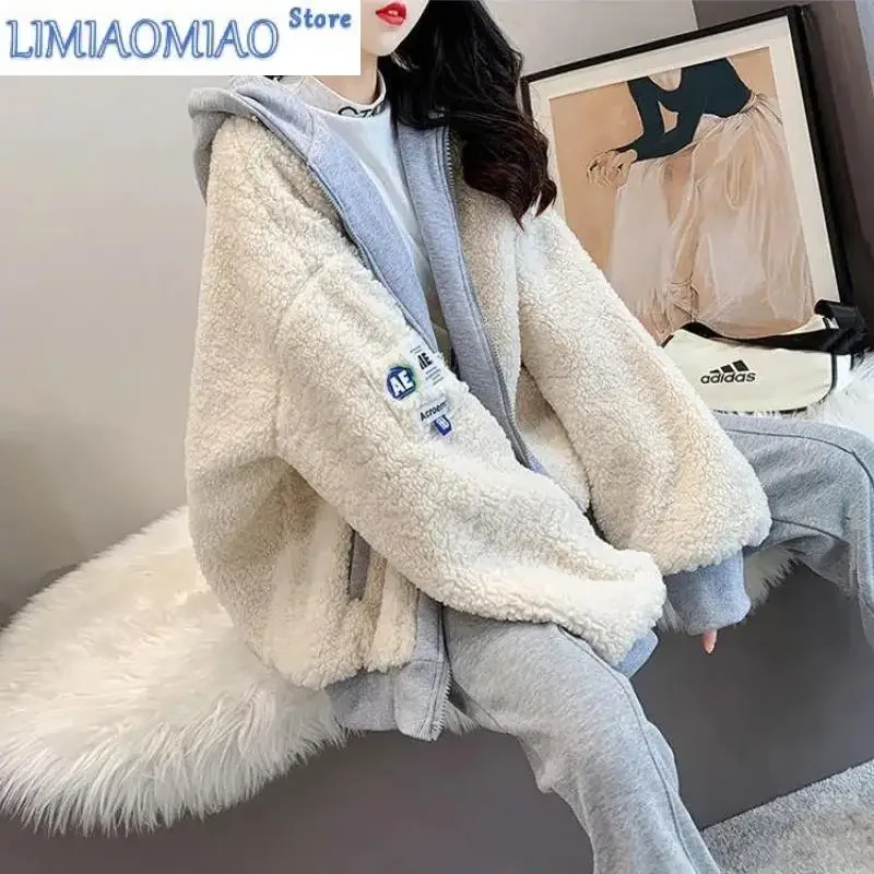 Imitation Lamb Wool Zipper Coat Woman Hoodies Y2k Clothes Sweatshirt Streetwear Korean Fashion Autumn Winter Jacket New Loose