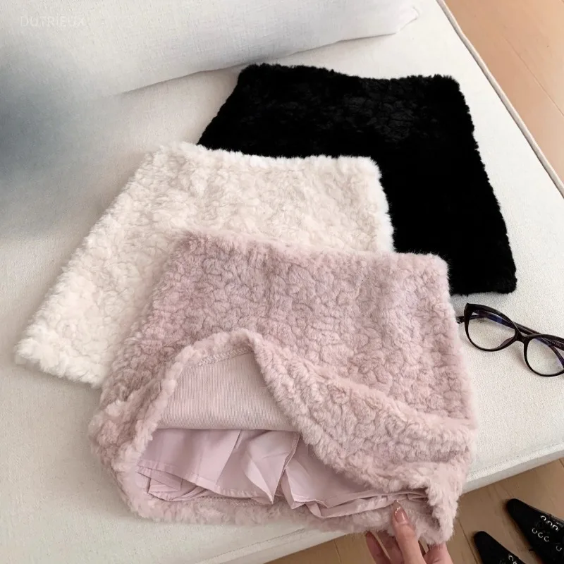 Autumn Winter Fuzzy Skirts For Women Solid Sweet Lamb Wool Warm Mini Skirt Korean Fashion Versatile Faldas Mujer