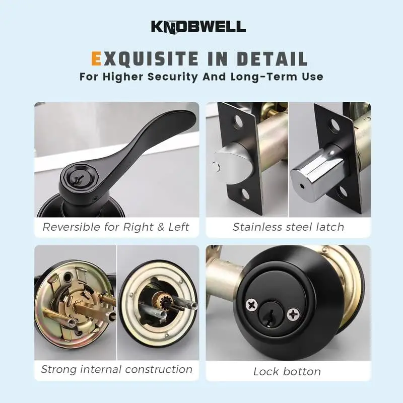 5 Pack Front Entry Door Handle Lock Set with Double Keyed Deadbolt, Same Keys, Matte Black Door Handle Lockset, Wave St