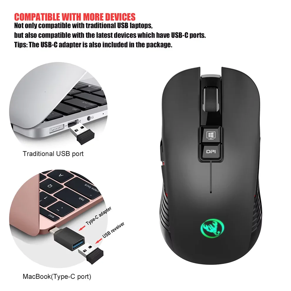 Souris sans fil rechargeable USB, type C, pour droitier, pour ordinateur portable, clic silencieux, rétroéclairée, souris de jeu 3600 dpi
