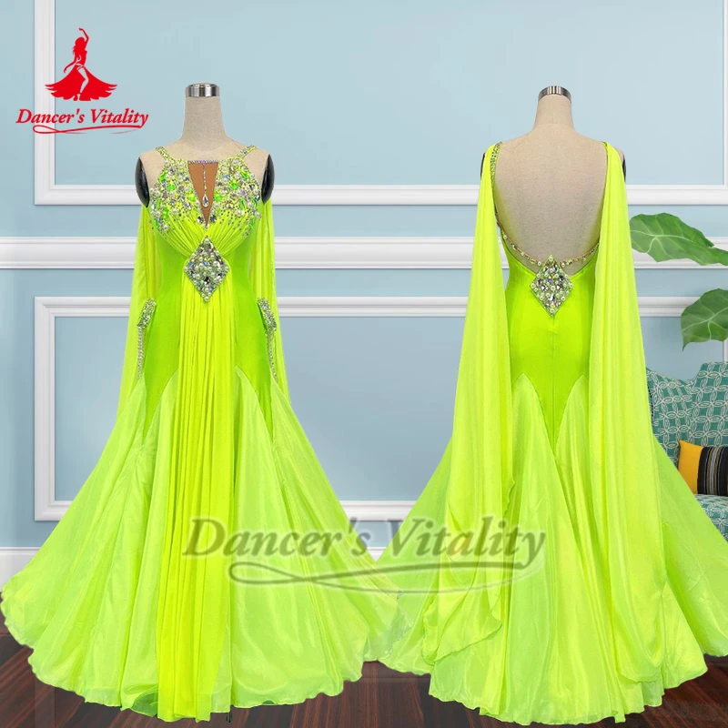 성인용 볼룸 포크스트롯 형광 노란색 민소매 백리스 럭셔리 드레스 맞춤형 왈츠 탱고 댄서 의상 댄서의 활력