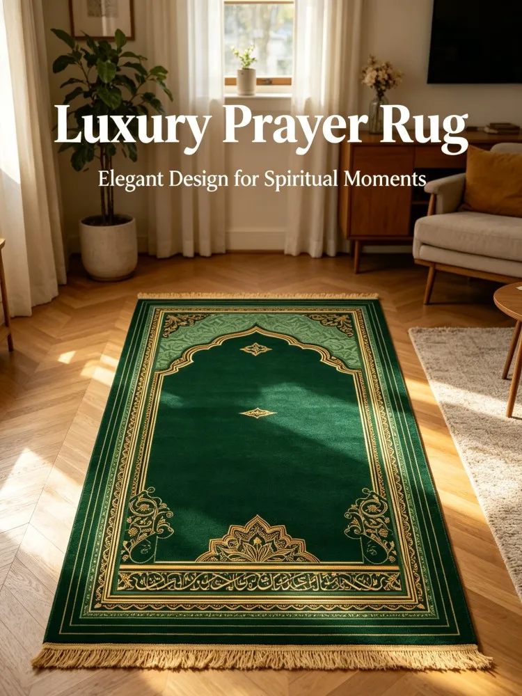 Luxury Emerald Green Islamic Prayer Rug | Gold Trim Muslim Janamaz Sajjadah for Salah