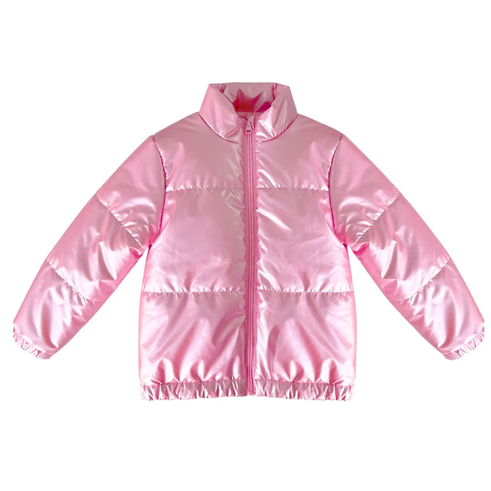 4-7T Kids Metalic Coat Girls Fashion Stand Collar Glossy  Outerwear PU Zip-up Windproof  WarmCoat For Fall Winter