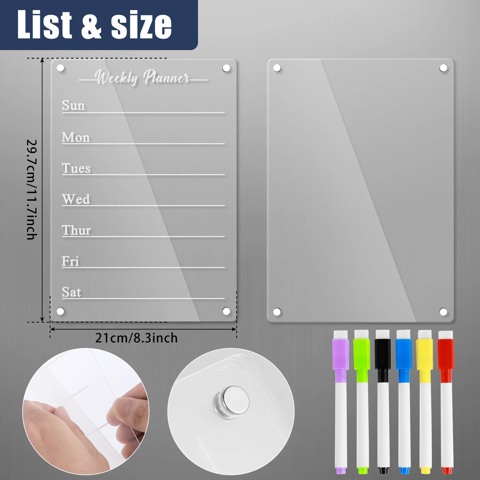 2 Pcs Acrylic Magnetic Calendar for Fridge Transparent Dry Erase Boards Reusable Magnetic Planning Boards with 6 Marker Pens
