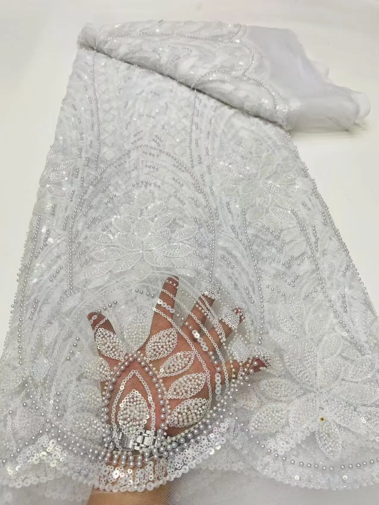 

2025 Latest High Quality African Nigerian With Tulle Sewing Lace Fabric Guipure Embroidery Dresses Sequins 5Yards DP0386