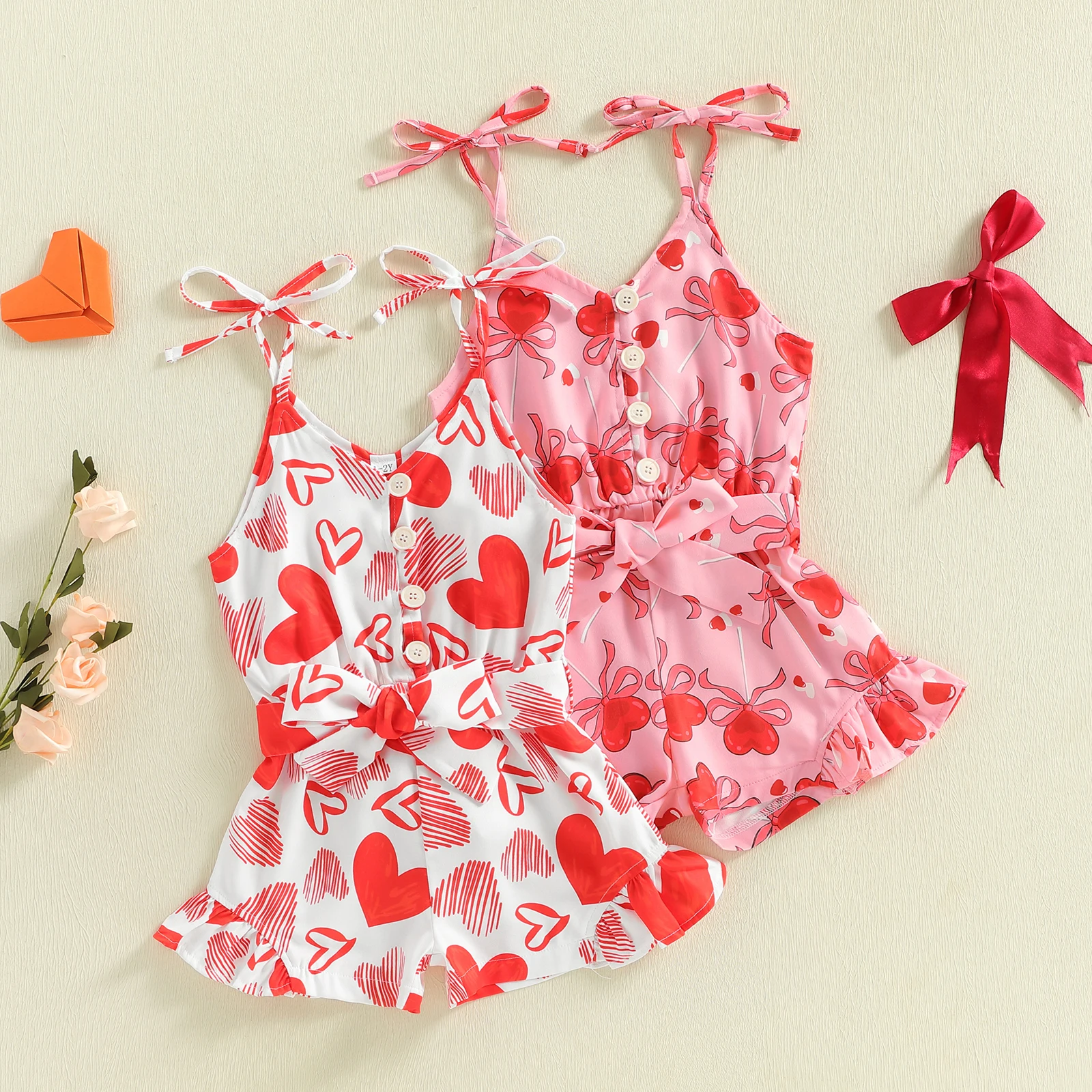 

Toddler Girl Valentine's Day Romper Shorts Heart Candy Print Sleeveless Tie-up V-Neck Overalls with Belt