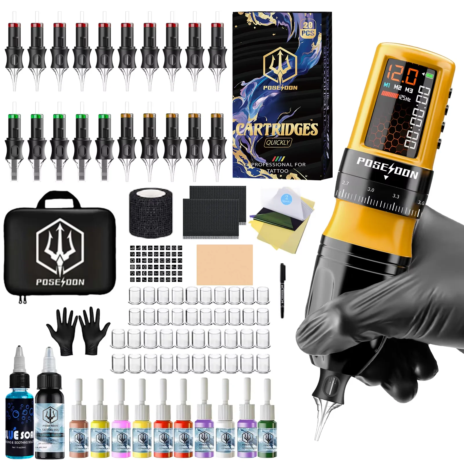 Tattoo Kit POSEIDON V5 Neue Gelbe Tattoo Stift Kit Für Permanent Make-Up Tattoo Maschine Kit Einstellbare Drahtlose Tattoo Gun Kit