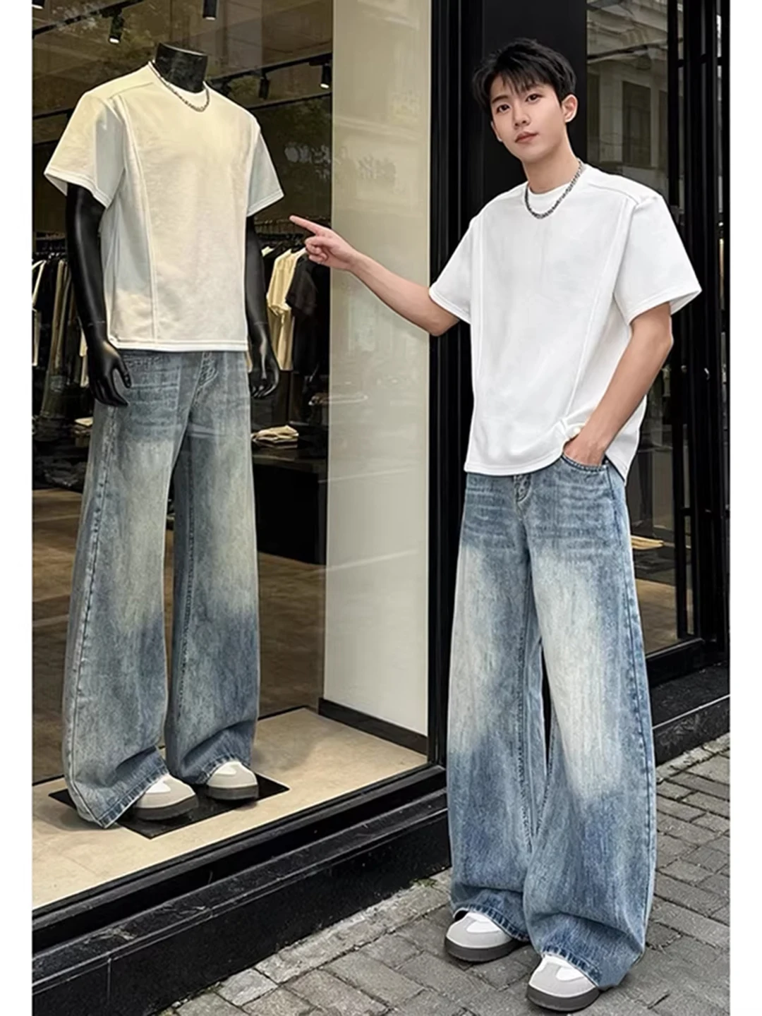 

Blue Lightning Pattern Wide Leg Men's Jeans Loose Flared Straight Cut Trousers Slimming Effect Casual High Street Sle