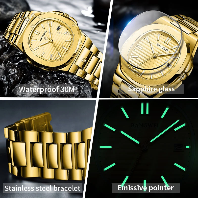 LIGE Stainless Steel Fashion Date Watch Gold Men\'s Watches Luxury Waterproof Business Quartz Movement Wristwatches For Men Clock