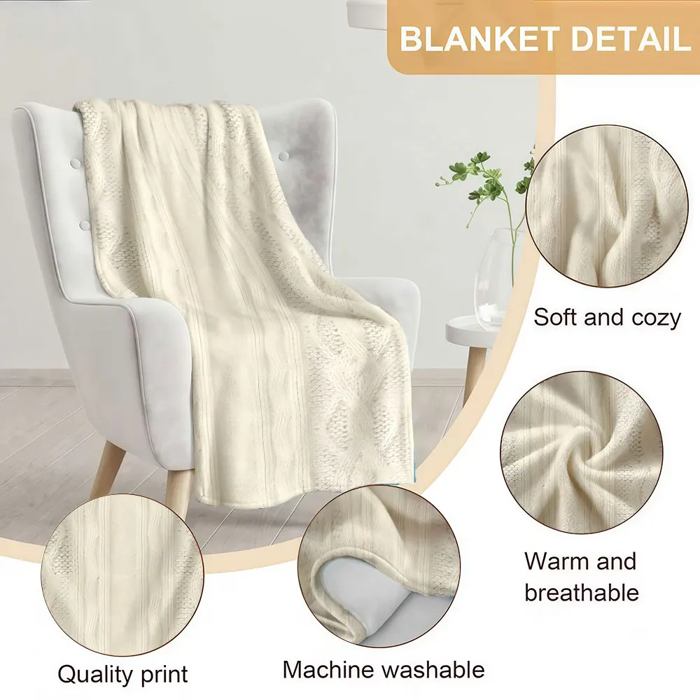cream cable knit texture Soft Warm Flannel Blanket Lightweight Cozy Christmas Halloween Home Decor Room