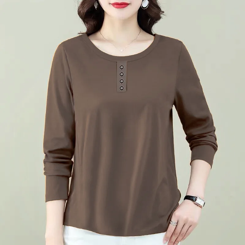 

2023 New Commuter Loose Round Neck Tops Autumn Women's Clothing Solid Color Patchwork Button Long Sleeve Pullover T-Shirt