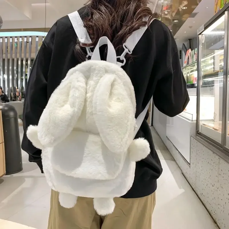 

BOMO Cute Rabbit Rucksack Women Versatile Personalization Cartoon Style Mini Backpack Velvet Material Solid Color Shoulder Bag