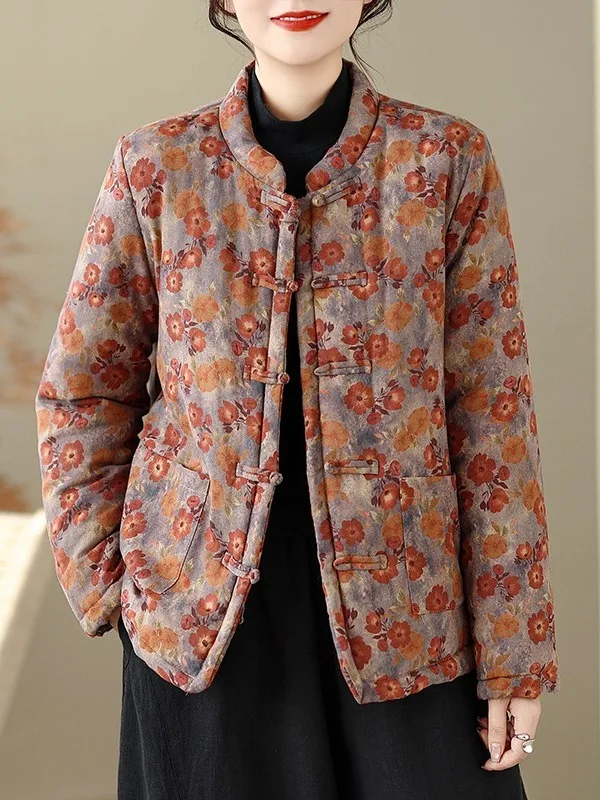 

Women's Cotton Jaet Winter Thiened Warm Floral Print Button Loose Fit Versatile Cotton Outerwear Coat Retro Sle Long Sl...