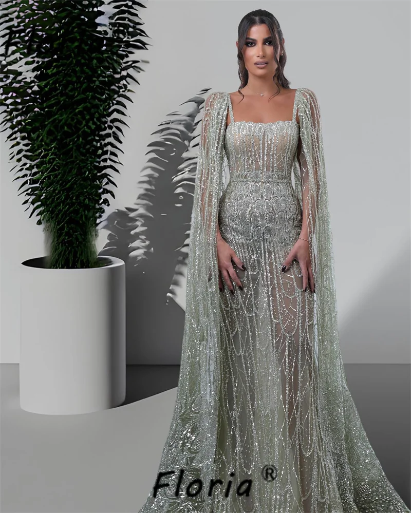 Luxury Dubai Beaded Sequin Evening Dresses with Long Cape Shawls Stunning Beading See Thru Customized Wedding Dress Formal Robes