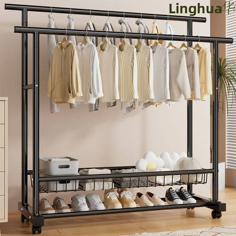 Extra Thick Carbon Steel Clothes Hanger Free Standing Double Row for Bedroom Home Use with Wheels Clothes Drying Rack