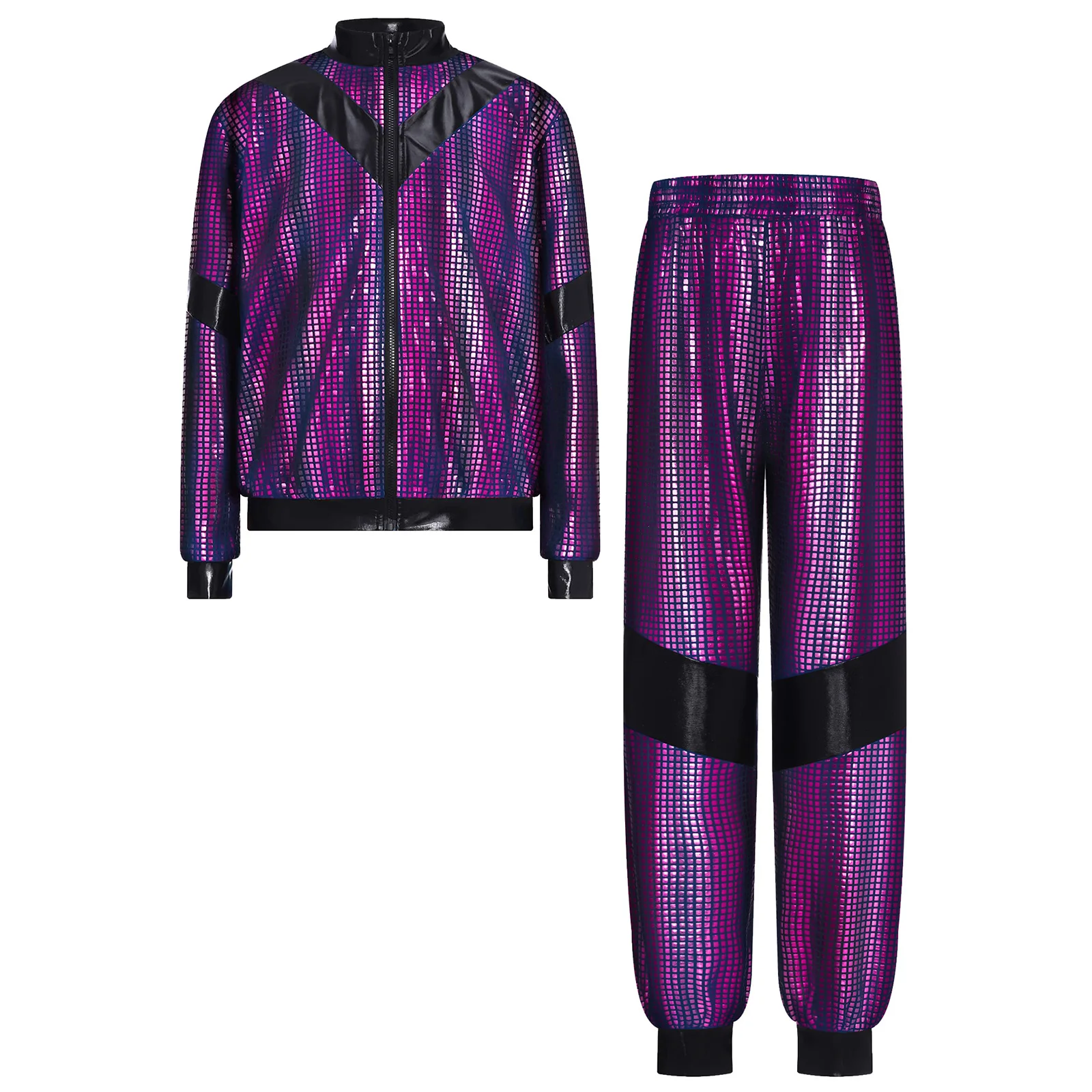 Boys Girls Hip Hop Jazz Street Dance Costume Long Sleeve Metallic Plaid Zipper Jacket with Pants School Show Stage Dancewear