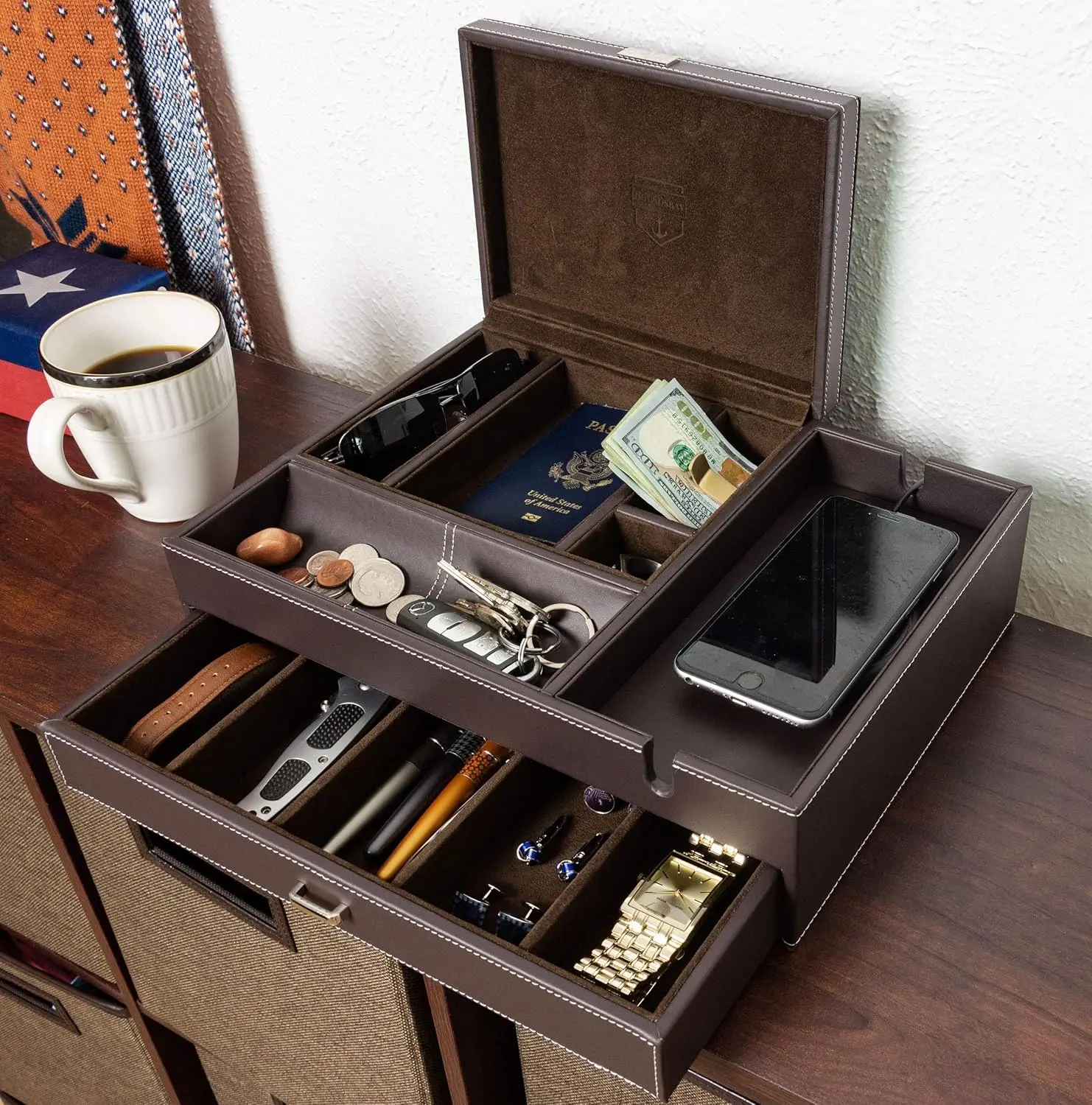 

Mens Watch Box Leather Valet Tray - Bedside Table Organizer, Men's Jewelry Box, Watch Case for Men with Large Smartphone