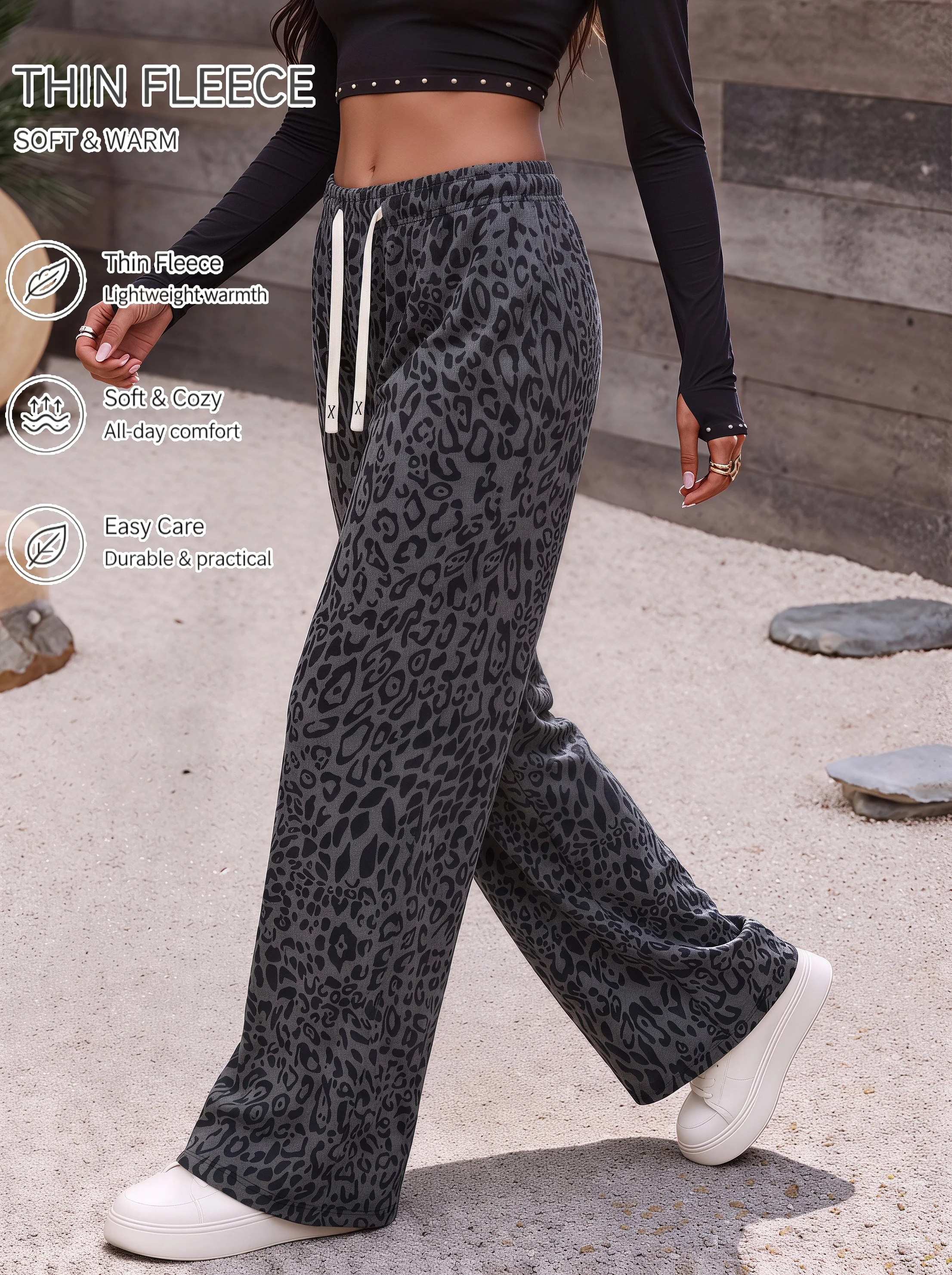 Women Leopard Print Light Fleece Wide Leg Pants Soft Stretchy Comfortable Lounge Trousers Warm Casual Bottoms