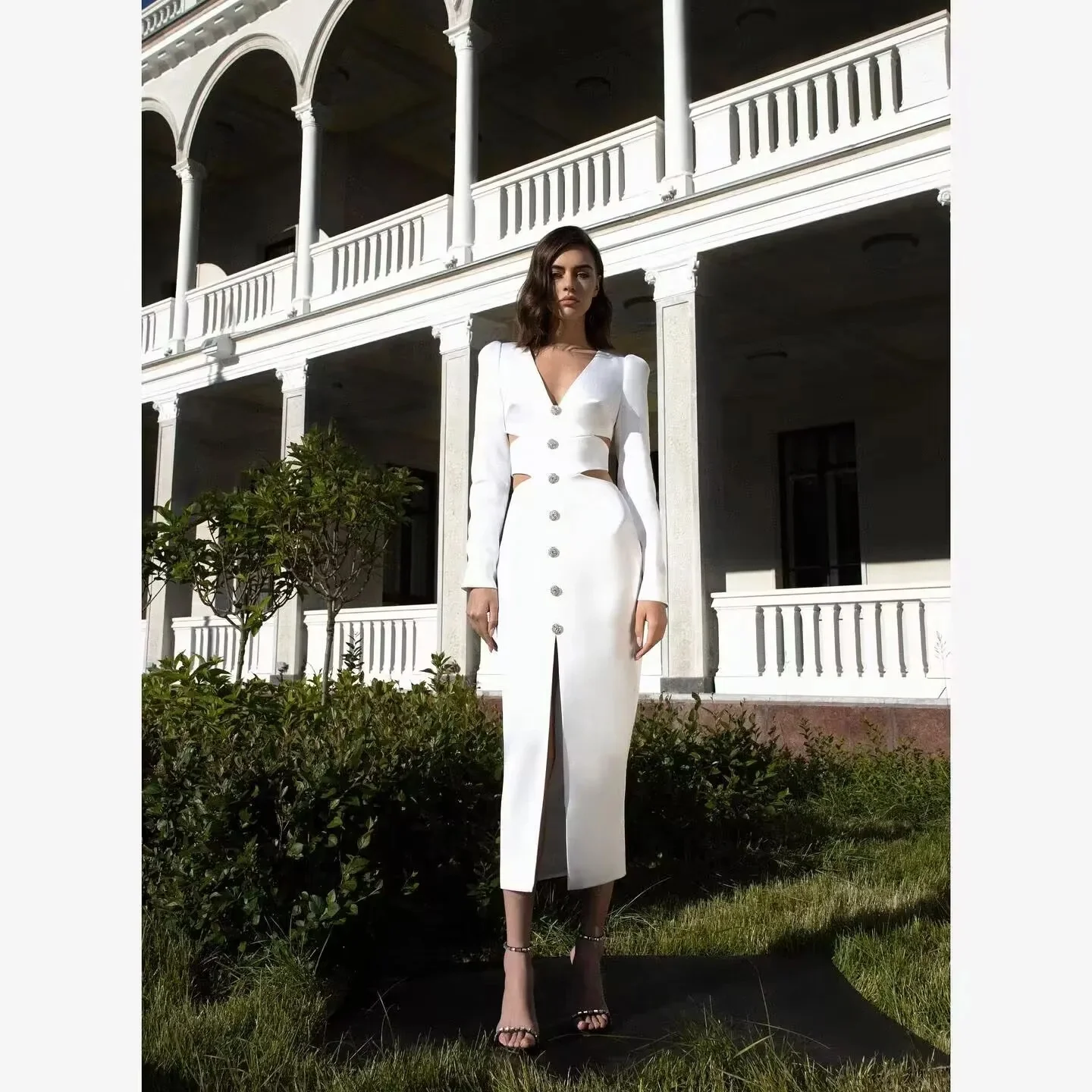 Women's Midi Bandage Dress V Neck Split Cut Out Elegant Bodycon Sexy Fashion Full Sleeve Dresses Club Evening Party Vestidos