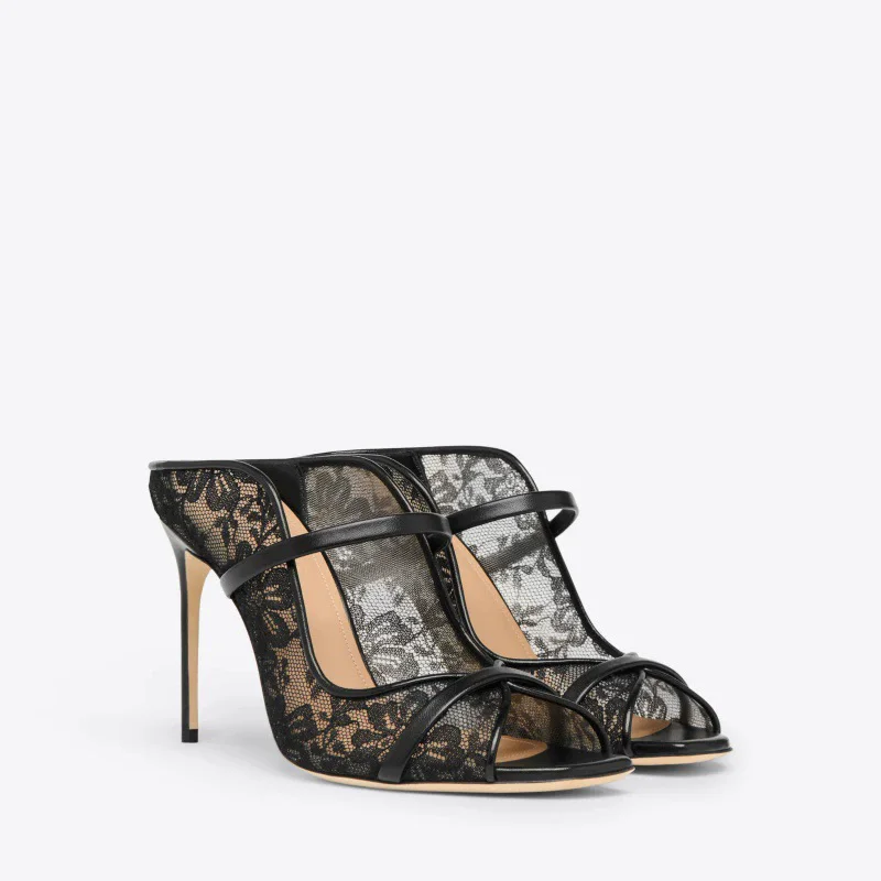 

Летние модные тапочки с круглой головкой и рыбьим ртом, кружевные сетчатые одно слово, банкетные женские сандалии большого размера на тонком высоком каблуке по индивидуальному заказу