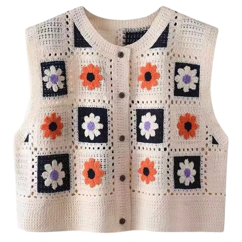 Sweet Waistcoats Hollow Tops Summer Floral Embroidery Sleeveless Crop Tops Casual Crochet French Style for Women Girl