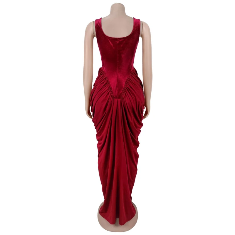 Women Velvet Stacked Ruched Sleeveless Bodycon Long Maxi Dresses 2026 Fall Sexy Party Trendy Birthday Evening Dress Vestidos