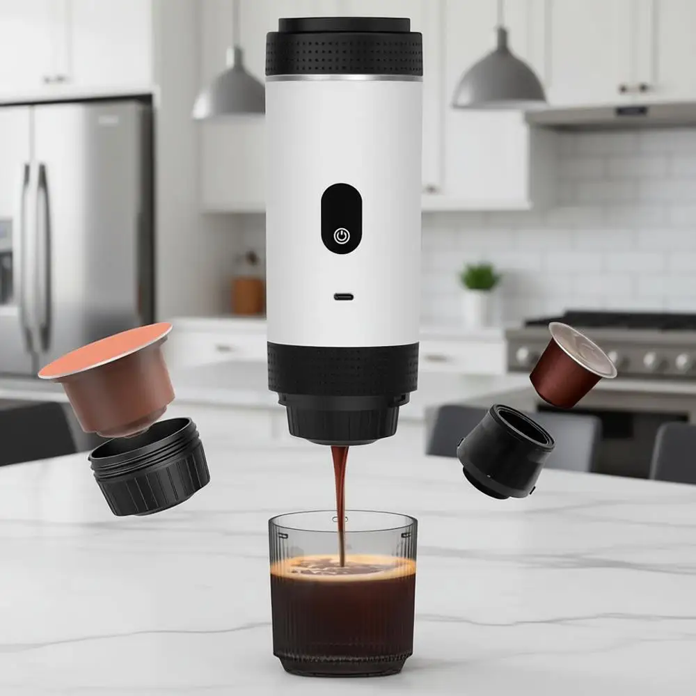 

Portable Electric Espresso Machine, Travel Coffee Maker Brewer Compatible with Ground Coffee & NS Capsules (White LCD Screen)