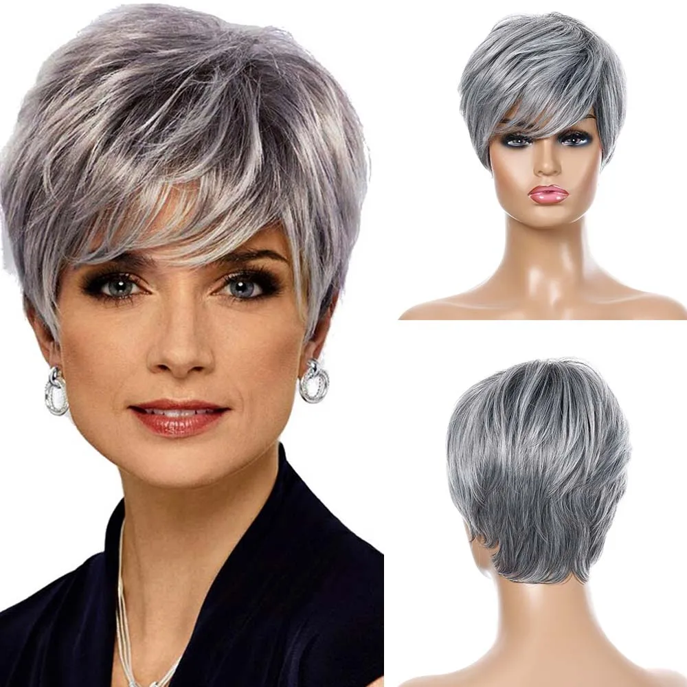 

Синтетический короткий прямой серебристо-серый парик с челкой для женщин, повседневный косплей, вечерние, реалистичные накладные волосы, термостойкие